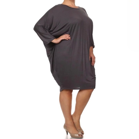 MOA • Women’s Grey Loose Fit 3/4 Dolman Bat Wing Sleeve Casual Midi Dress - Picture 2 of 4
